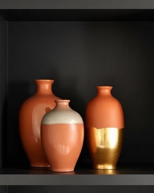 Terracotta and gold ceramic vases