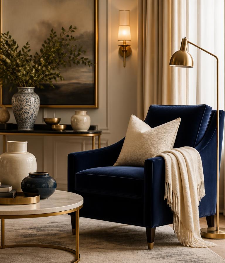The same living room restyled with navy velvet and brass